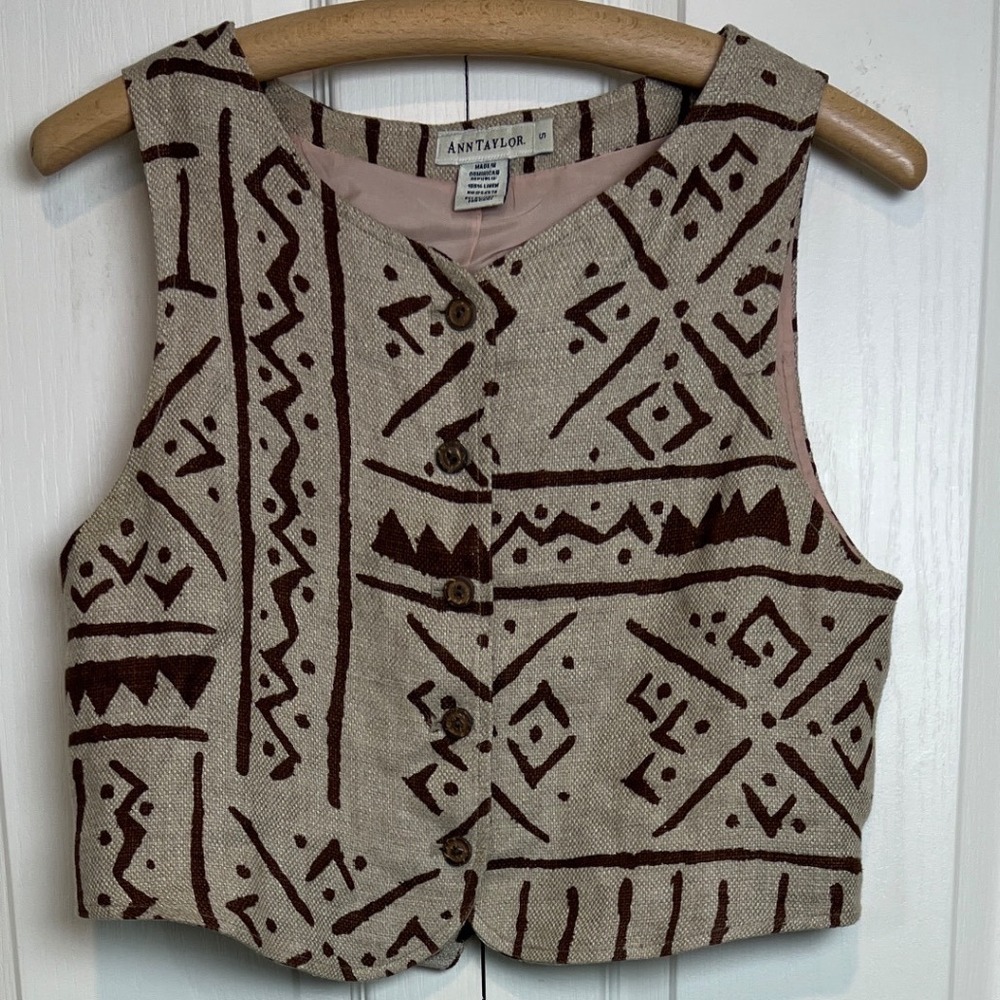 Ann Taylor Vest Women Small Beige Brown Linen Tribal Geometric Boho Career G20
